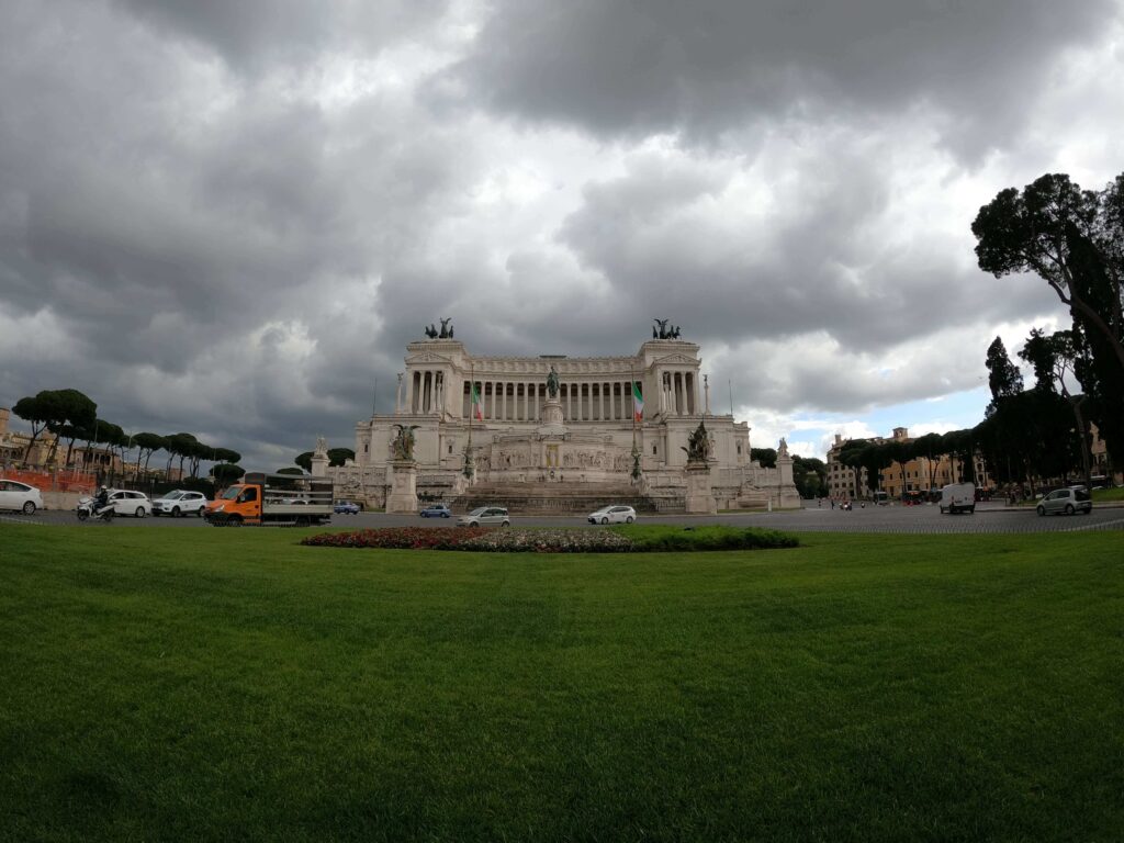 Reasons Why You Should Travel, Piazza Venezia, Rome, Italy, Castle, grass, dark clouds, Italy flag