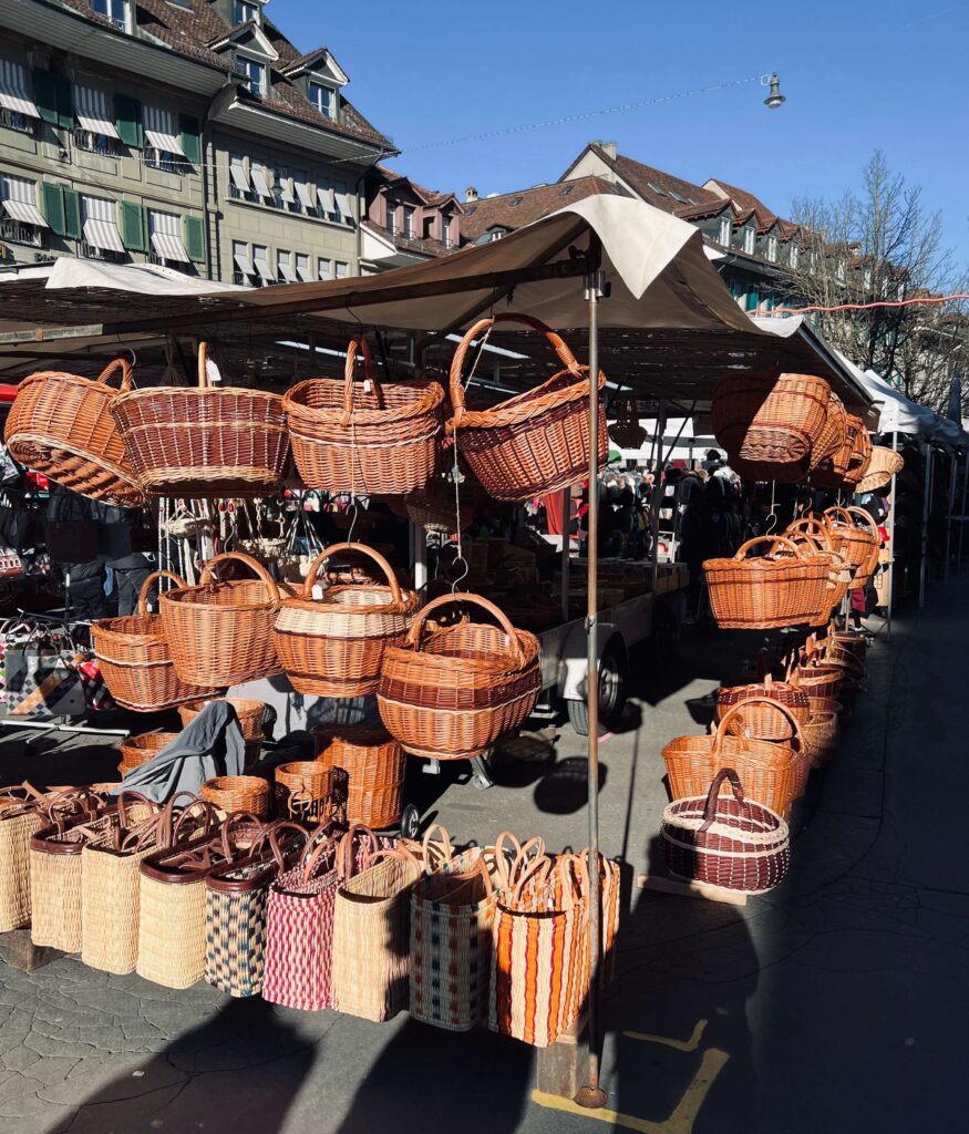Street Market in the City of Bern, Switzerland, buri bags,wood bags,  Benefits of Learning the Language When Traveling