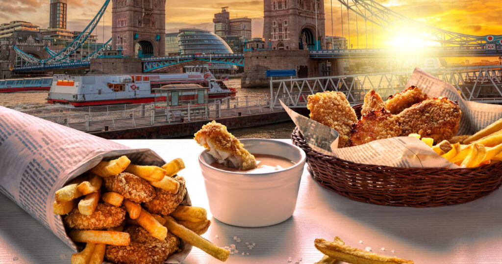 breakfast in London, cruise ship, cruise ship passes through tower bridge in London, morning in London, yellow sky, finger chips in London, chicken with sauce. 