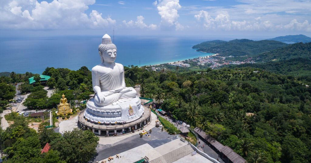Big Buddha statue, drone view of Phuket, entire view of Phuket.