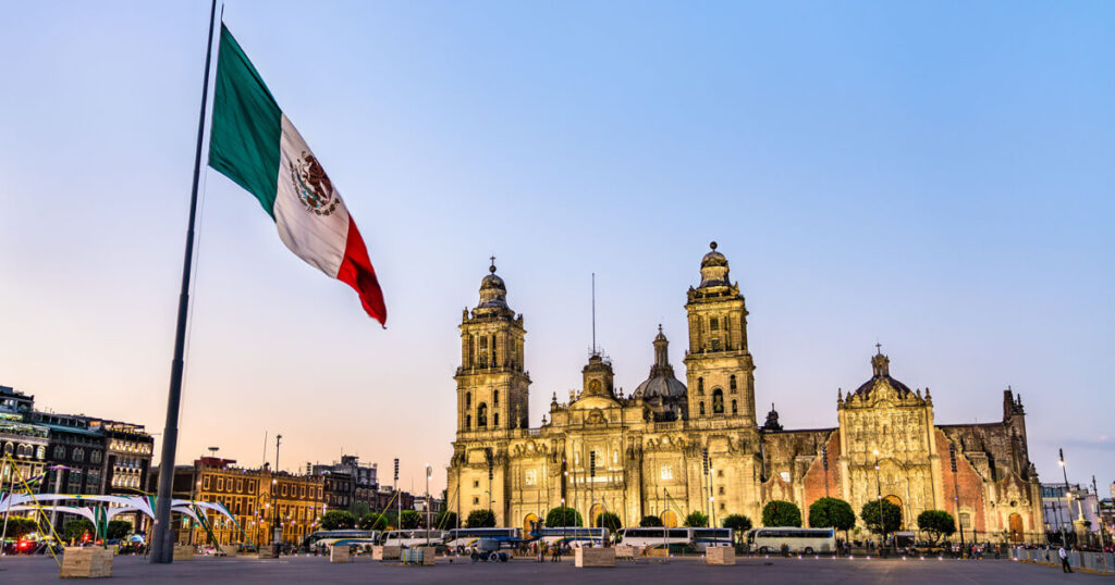 National Palace in Mexico, Mexico flag, buses in Mexico, an evening in Mexico.