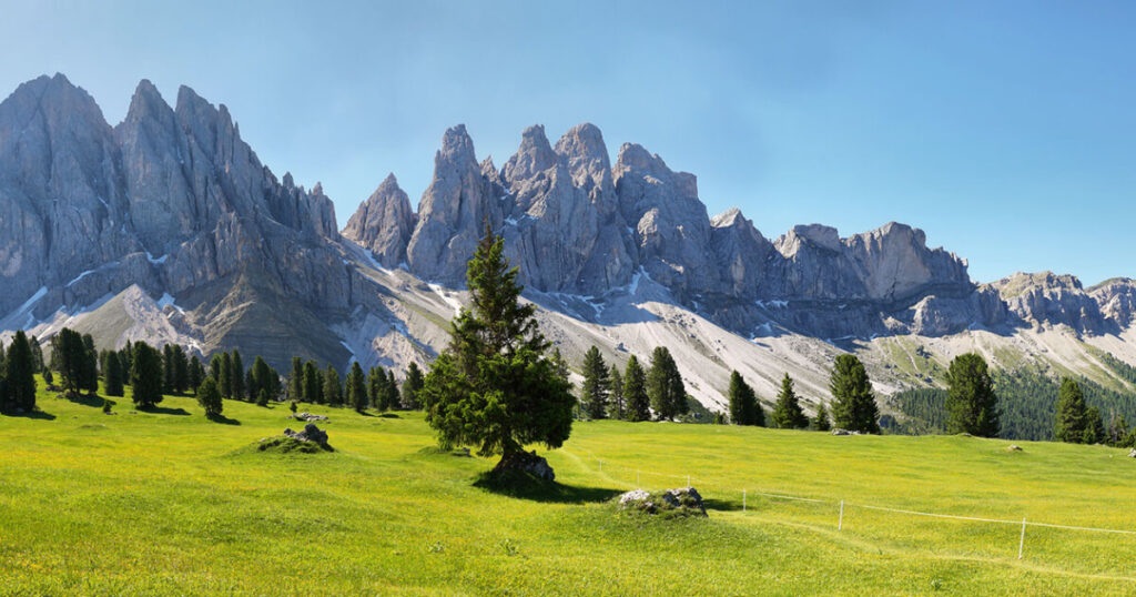 Italian dolomites, mountains, green yard, trees.