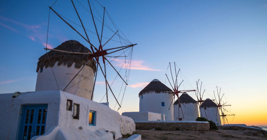 Windmill in Greece, Mykonos Greece, sunset view in Mykonos.